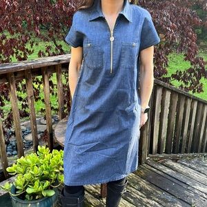 🆕Anne Kline Dark Wash denim midi dress gold zipper & button accents with logo 6